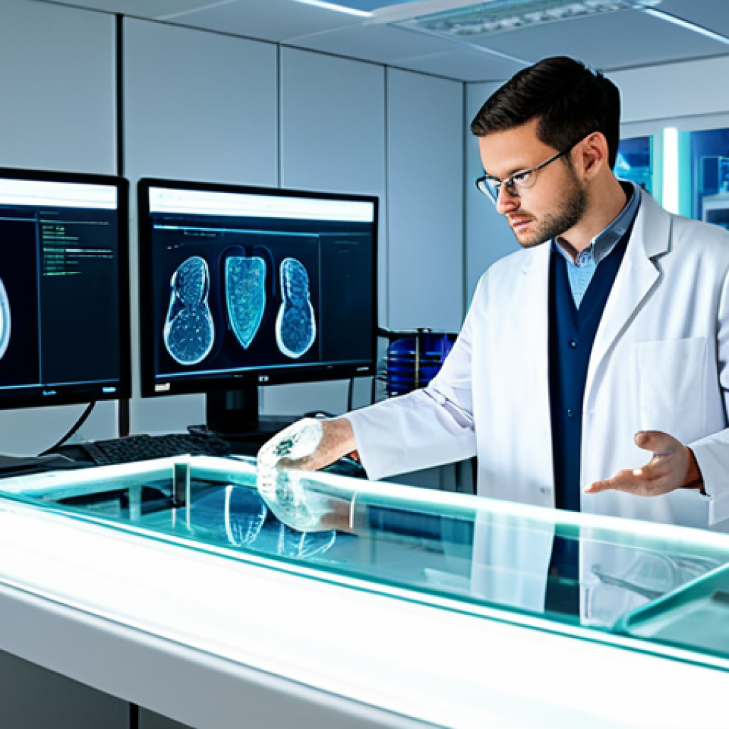 A professional medical researcher, fully clothed in a pristine, modest lab coat, stands in a state-of-the-art bioprinting laboratory. In the foreground, a sophisticated 3D bioprinter is precisely constructing a detailed human organ model within a transparent, glowing chamber, showcasing intricate biological structures. The futuristic lab environment features sleek, sterile surfaces, large interactive screens displaying complex genetic data, and advanced scientific equipment. The overall scene conveys innovation, hope, and the transformative power of future healthcare. This image depicts perfect anatomy, correct proportions, and a natural pose, with well-formed hands. It is safe for work, appropriate content, fully clothed, and family-friendly.