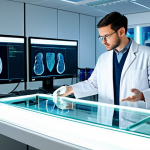 A professional medical researcher, fully clothed in a pristine, modest lab coat, stands in a state-of-the-art bioprinting laboratory. In the foreground, a sophisticated 3D bioprinter is precisely constructing a detailed human organ model within a transparent, glowing chamber, showcasing intricate biological structures. The futuristic lab environment features sleek, sterile surfaces, large interactive screens displaying complex genetic data, and advanced scientific equipment. The overall scene conveys innovation, hope, and the transformative power of future healthcare. This image depicts perfect anatomy, correct proportions, and a natural pose, with well-formed hands. It is safe for work, appropriate content, fully clothed, and family-friendly.