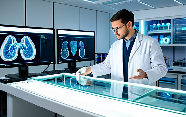 A professional medical researcher, fully clothed in a pristine, modest lab coat, stands in a state-of-the-art bioprinting laboratory. In the foreground, a sophisticated 3D bioprinter is precisely constructing a detailed human organ model within a transparent, glowing chamber, showcasing intricate biological structures. The futuristic lab environment features sleek, sterile surfaces, large interactive screens displaying complex genetic data, and advanced scientific equipment. The overall scene conveys innovation, hope, and the transformative power of future healthcare. This image depicts perfect anatomy, correct proportions, and a natural pose, with well-formed hands. It is safe for work, appropriate content, fully clothed, and family-friendly.